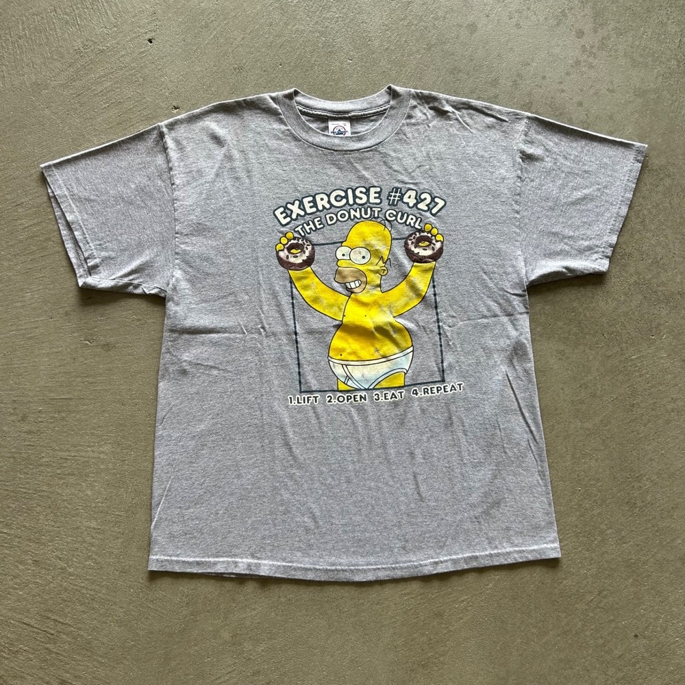 Vintage The Simpsons Shirt Size XL Gray Homer‎ Simpson Gym Exercise Donuts TV